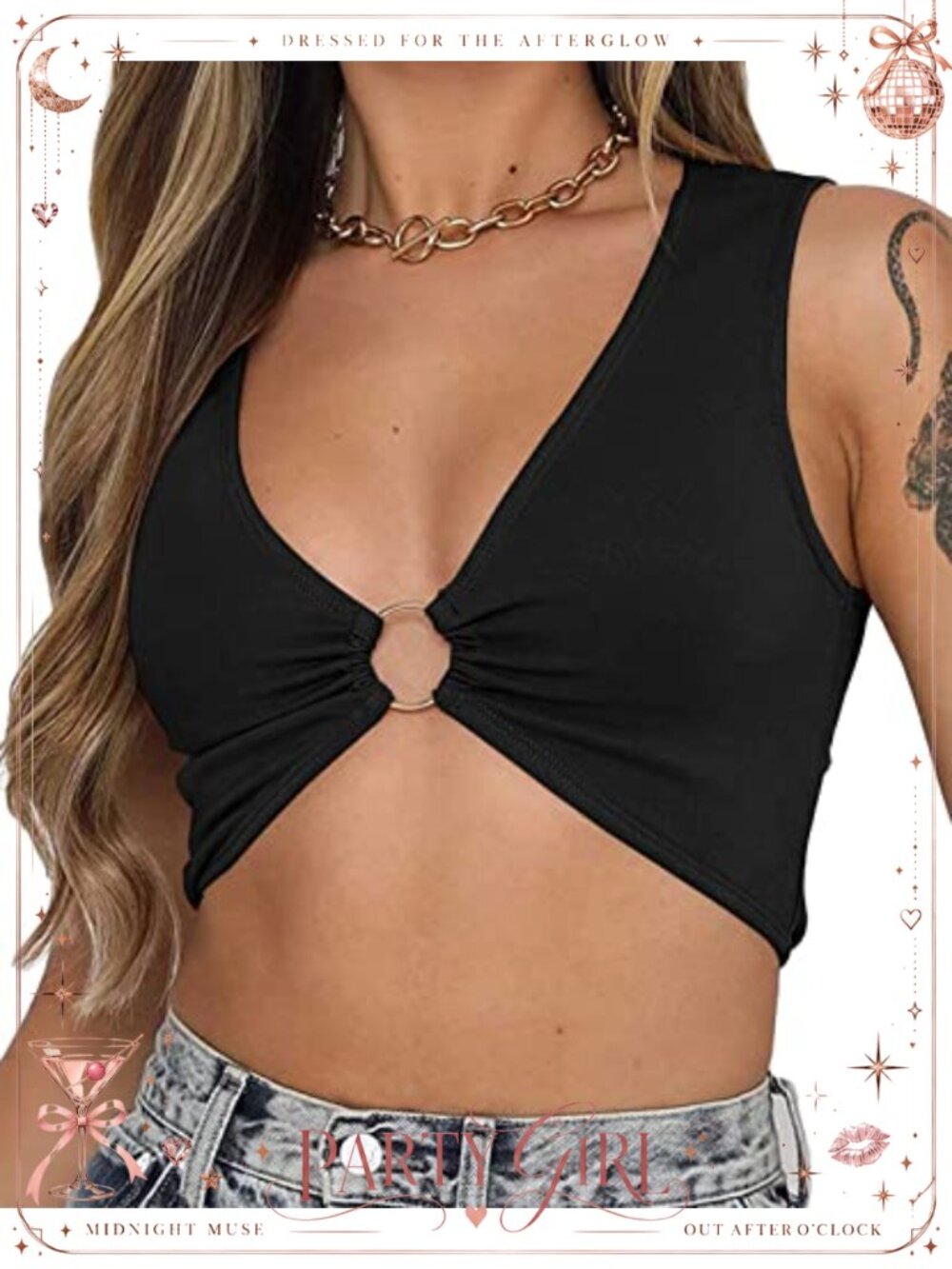 Women's Ring Crop Top Plunging Neckline Sleeveless Y2K Party Tank Top